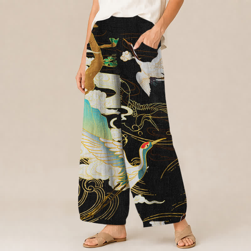Buddha Stones Pantalones harem de algodón con estampado de grullas orientales y nubes, cintura elástica plisada y bolsillos para mujer. - image 1