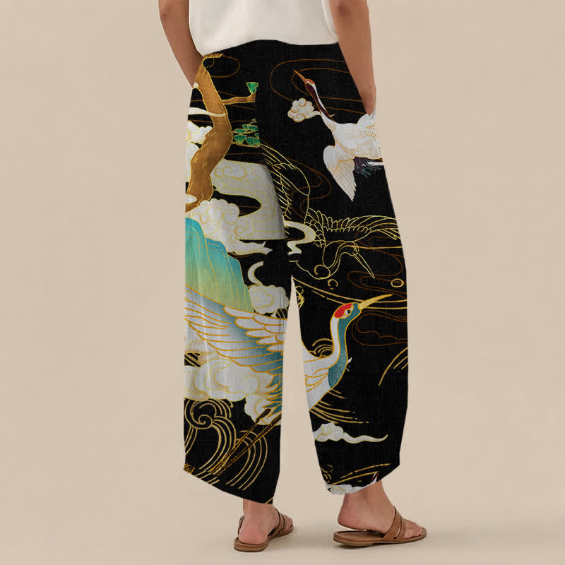 Buddha Stones Pantalones harem de algodón con estampado de grullas orientales y nubes, cintura elástica plisada y bolsillos para mujer. - image 2