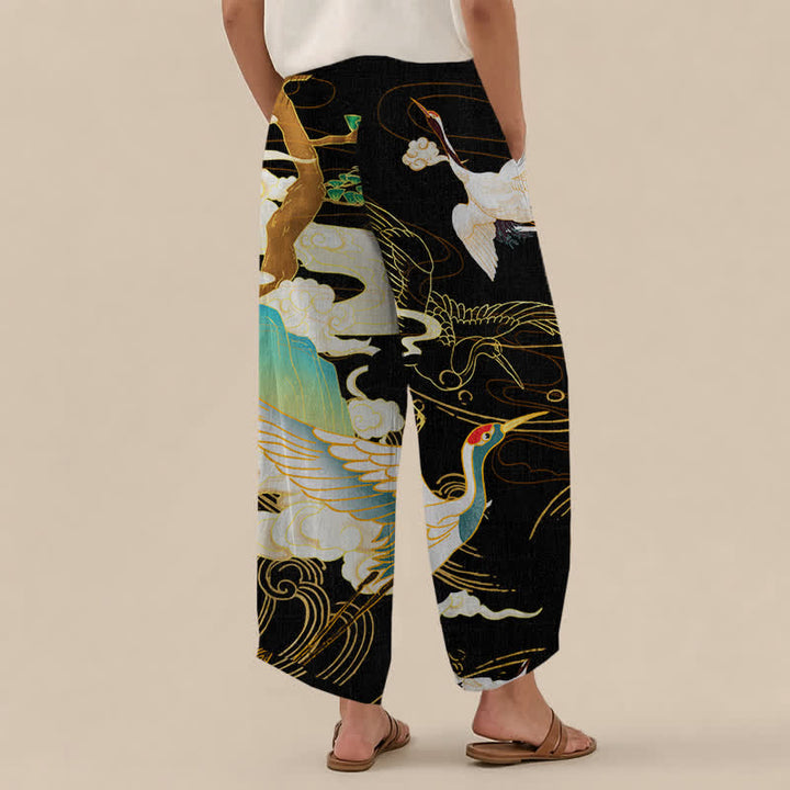Buddha Stones Pantalones harem de algodón con estampado de grullas orientales y nubes, cintura elástica plisada y bolsillos para mujer. - image 2