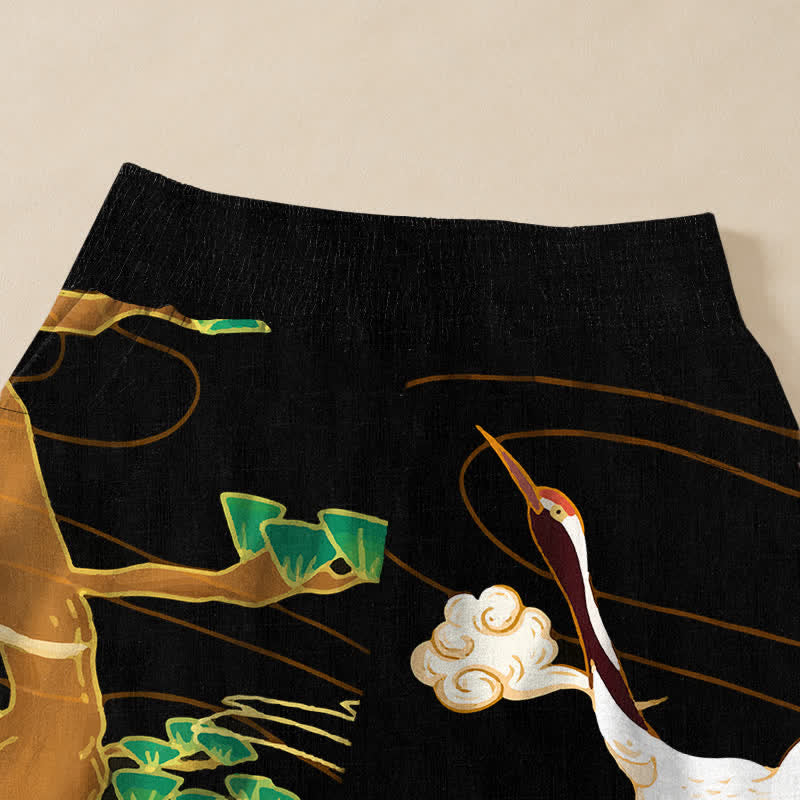 Buddha Stones Pantalones harem de algodón con estampado de grullas orientales y nubes, cintura elástica plisada y bolsillos para mujer. - image 4