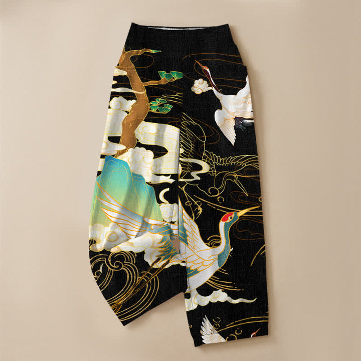 Buddha Stones Pantalones harem de algodón con estampado de grullas orientales y nubes, cintura elástica plisada y bolsillos para mujer. - image 3