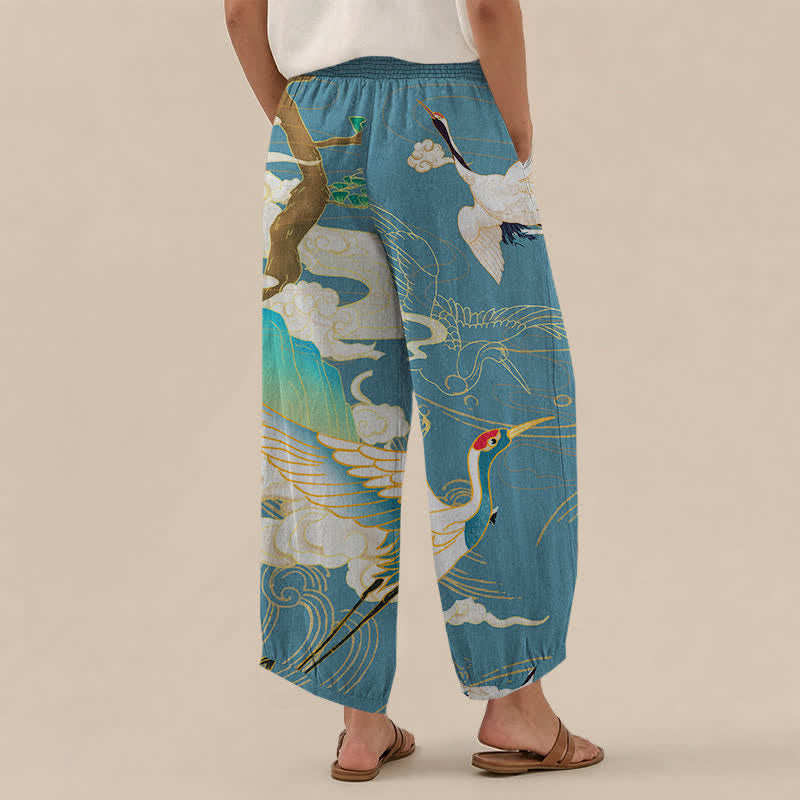 Buddha Stones Pantalones harem de algodón con estampado de grullas orientales y nubes, cintura elástica plisada y bolsillos para mujer. - image 8