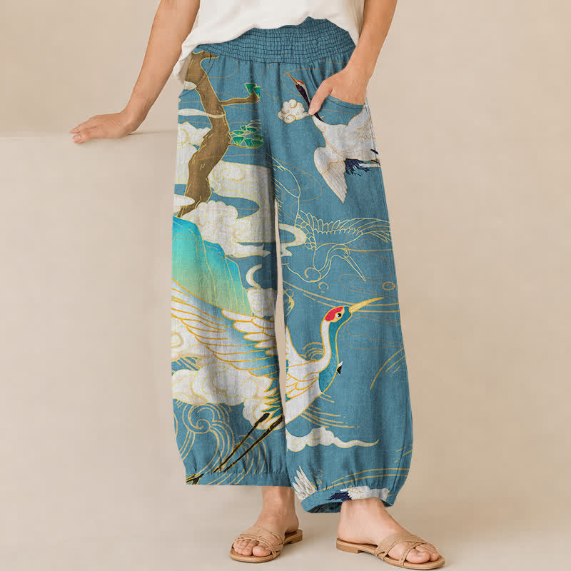Buddha Stones Pantalones harem de algodón con estampado de grullas orientales y nubes, cintura elástica plisada y bolsillos para mujer. - Turquesa medio - US16，UK/AU20，EU48 (3XL) - image 6