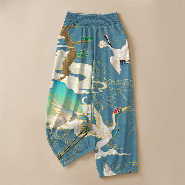 Buddha Stones Pantalones harem de algodón con estampado de grullas orientales y nubes, cintura elástica plisada y bolsillos para mujer. - image 9