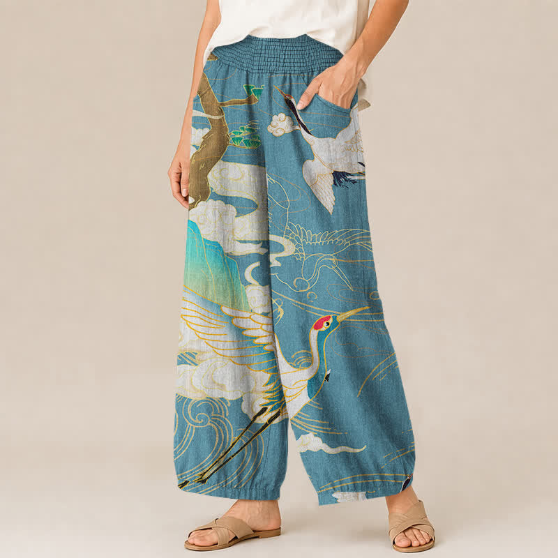 Buddha Stones Pantalones harem de algodón con estampado de grullas orientales y nubes, cintura elástica plisada y bolsillos para mujer. - image 7