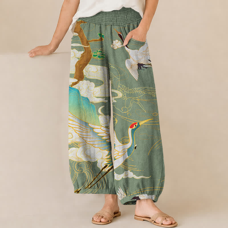 Buddha Stones Pantalones harem de algodón con estampado de grullas orientales y nubes, cintura elástica plisada y bolsillos para mujer. - Verde mar oscuro - US16，UK/AU20，EU48 (3XL) - image 10