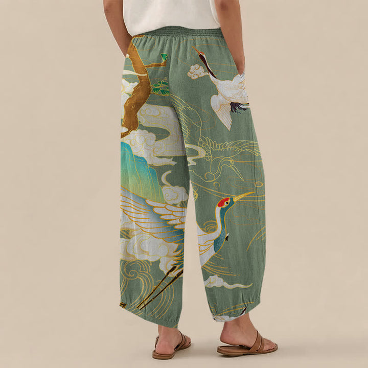 Buddha Stones Pantalones harem de algodón con estampado de grullas orientales y nubes, cintura elástica plisada y bolsillos para mujer. - image 12