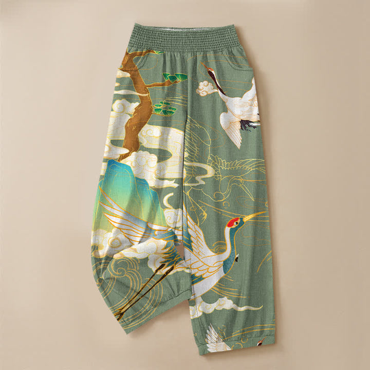Buddha Stones Pantalones harem de algodón con estampado de grullas orientales y nubes, cintura elástica plisada y bolsillos para mujer. - image 13