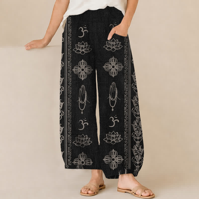 Buddha Stones Pantalones harem de mujer con cintura elástica plisada y bolsillos, estampado Vajra Namaste Om de Cotton Lotus Double Dorje. - Negro - US16，UK/AU20，EU48 (3XL) - image 0