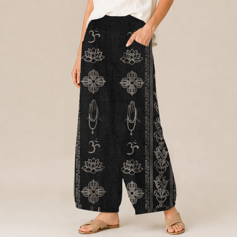 Buddha Stones Pantalones harem de mujer con cintura elástica plisada y bolsillos, estampado Vajra Namaste Om de Cotton Lotus Double Dorje. - image 1