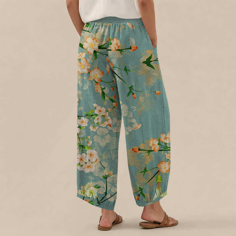 Buddha Stones Pantalones harem de algodón con estampado de flores de cerezo, cintura elástica plisada y bolsillos para mujer. - image 2