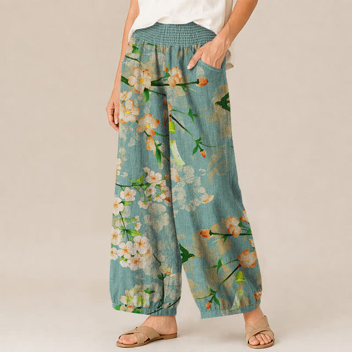 Buddha Stones Pantalones harem de algodón con estampado de flores de cerezo, cintura elástica plisada y bolsillos para mujer. - image 1