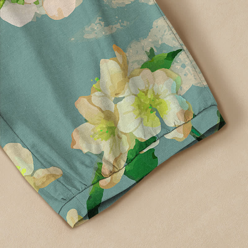 Buddha Stones Pantalones harem de algodón con estampado de flores de cerezo, cintura elástica plisada y bolsillos para mujer. - image 5