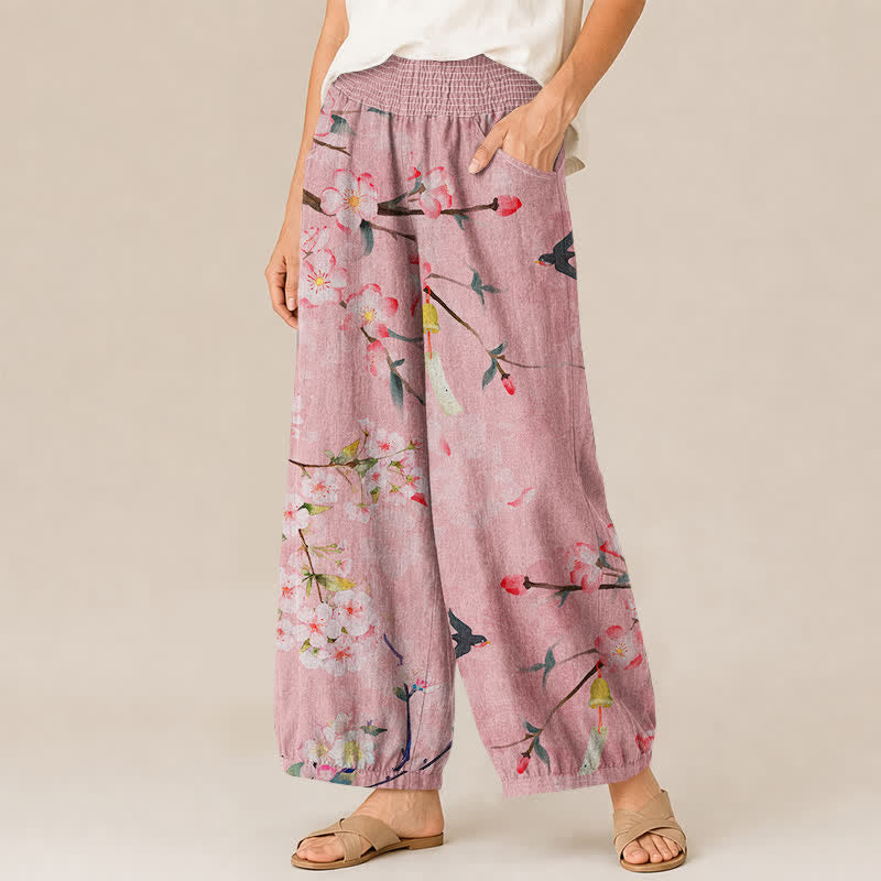 Buddha Stones Pantalones harem de algodón con estampado de flores de cerezo, cintura elástica plisada y bolsillos para mujer. - image 7