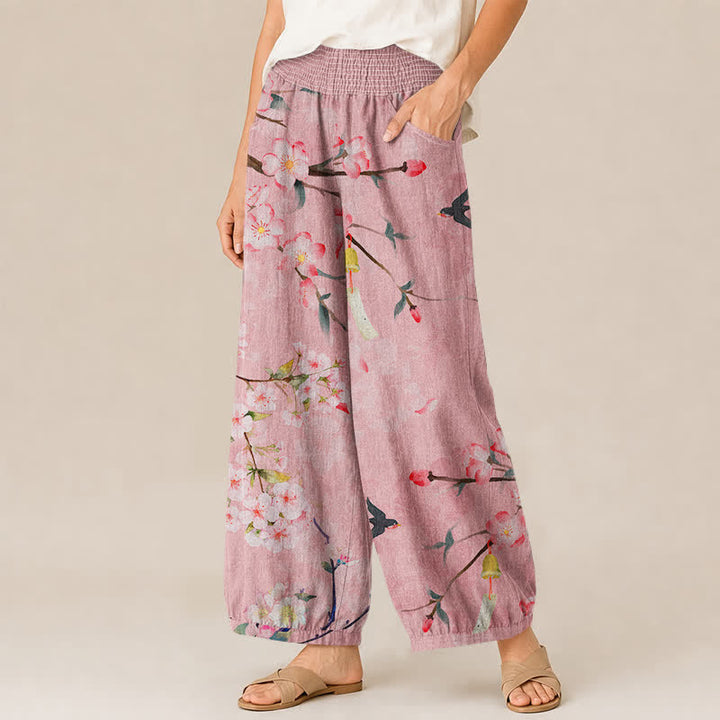 Buddha Stones Pantalones harem de algodón con estampado de flores de cerezo, cintura elástica plisada y bolsillos para mujer. - image 7