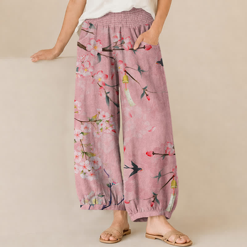 Buddha Stones Pantalones harem de algodón con estampado de flores de cerezo, cintura elástica plisada y bolsillos para mujer. - rosa claro - US16，UK/AU20，EU48 (3XL) - image 6