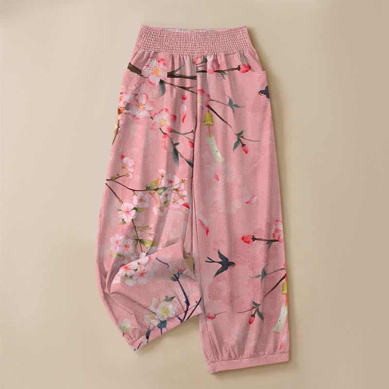 Buddha Stones Pantalones harem de algodón con estampado de flores de cerezo, cintura elástica plisada y bolsillos para mujer. - image 9