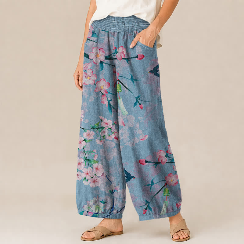 Buddha Stones Pantalones harem de algodón con estampado de flores de cerezo, cintura elástica plisada y bolsillos para mujer. - image 11
