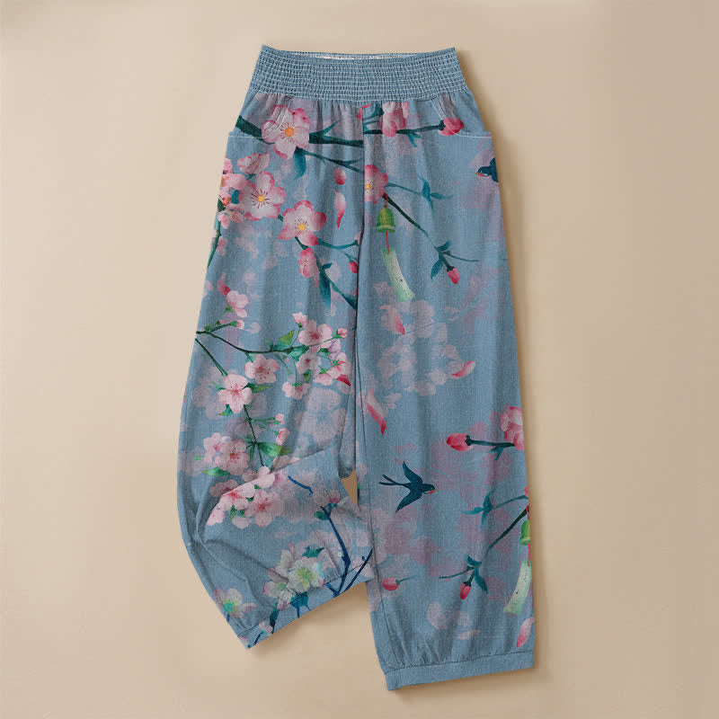 Buddha Stones Pantalones harem de algodón con estampado de flores de cerezo, cintura elástica plisada y bolsillos para mujer. - image 13