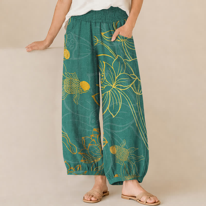 Buddha Stones Pantalones harem de algodón dorado con estampado de peces koi, cintura elástica plisada y bolsillos para mujer. - Verde azulado - US16，UK/AU20，EU48 (3XL) - image 0