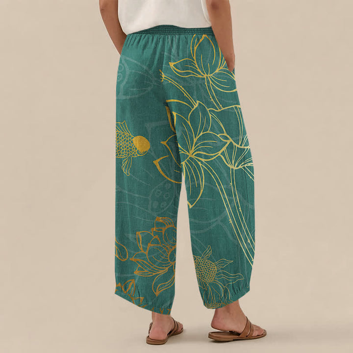 Buddha Stones Pantalones harem de algodón dorado con estampado de peces koi, cintura elástica plisada y bolsillos para mujer. - image 2