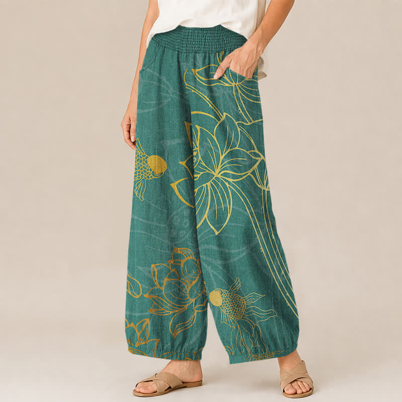 Buddha Stones Pantalones harem de algodón dorado con estampado de peces koi, cintura elástica plisada y bolsillos para mujer. - image 1