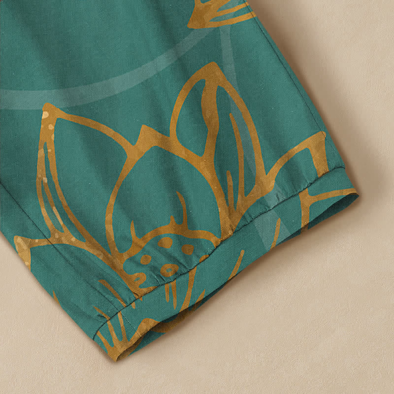 Buddha Stones Pantalones harem de algodón dorado con estampado de peces koi, cintura elástica plisada y bolsillos para mujer. - image 5