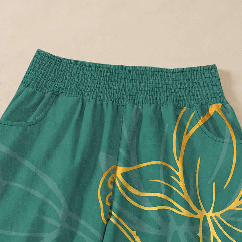 Buddha Stones Pantalones harem de algodón dorado con estampado de peces koi, cintura elástica plisada y bolsillos para mujer. - image 4