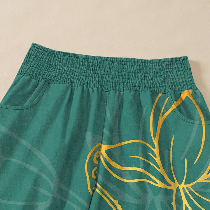 Buddha Stones Pantalones harem de algodón dorado con estampado de peces koi, cintura elástica plisada y bolsillos para mujer. - image 4