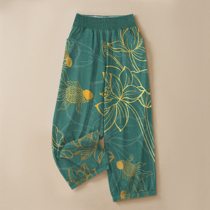 Buddha Stones Pantalones harem de algodón dorado con estampado de peces koi, cintura elástica plisada y bolsillos para mujer. - image 3