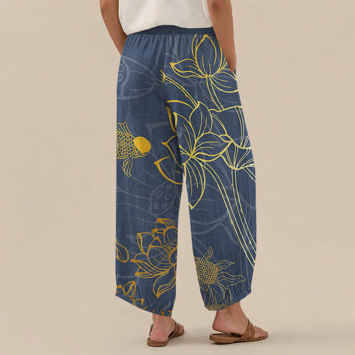 Buddha Stones Pantalones harem de algodón dorado con estampado de peces koi, cintura elástica plisada y bolsillos para mujer. - image 8