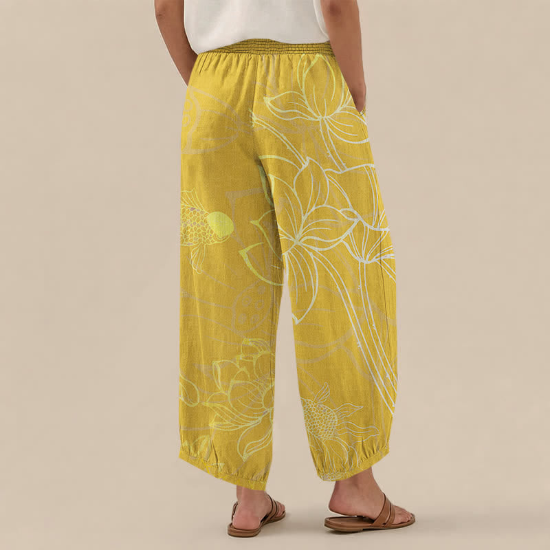 Buddha Stones Pantalones harem de algodón dorado con estampado de peces koi, cintura elástica plisada y bolsillos para mujer. - image 12