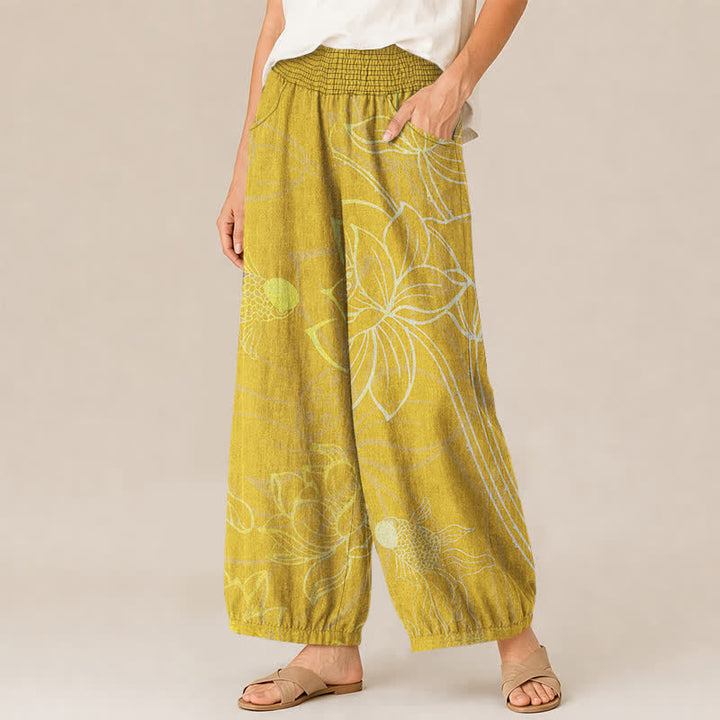 Buddha Stones Pantalones harem de algodón dorado con estampado de peces koi, cintura elástica plisada y bolsillos para mujer. - image 11