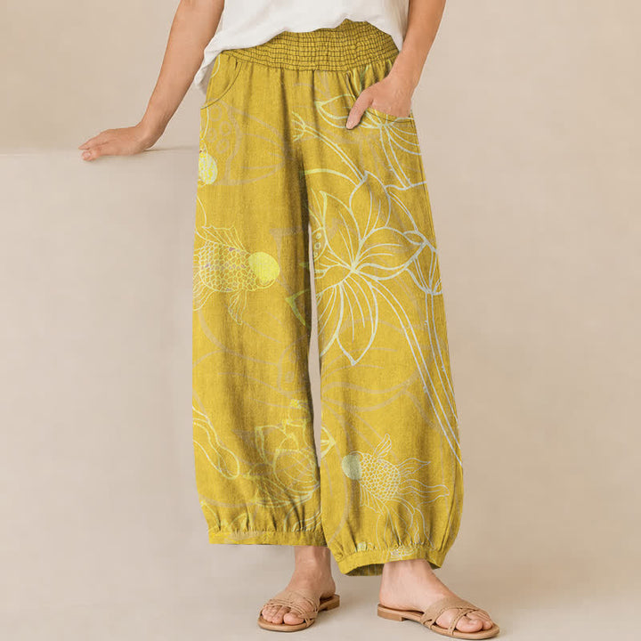 Buddha Stones Pantalones harem de algodón dorado con estampado de peces koi, cintura elástica plisada y bolsillos para mujer. - Oro - US16，UK/AU20，EU48 (3XL) - image 10