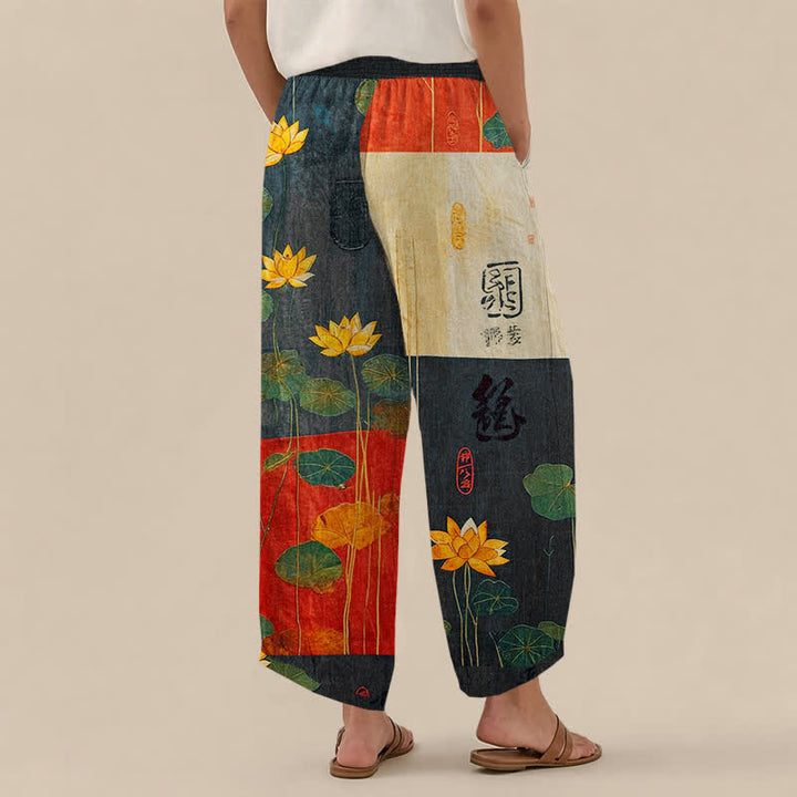 Buddha Stones Pantalones harem de algodón con estampado de caligrafía de loto amarillo oriental, cintura elástica plisada y bolsillos para mujer. - image 2