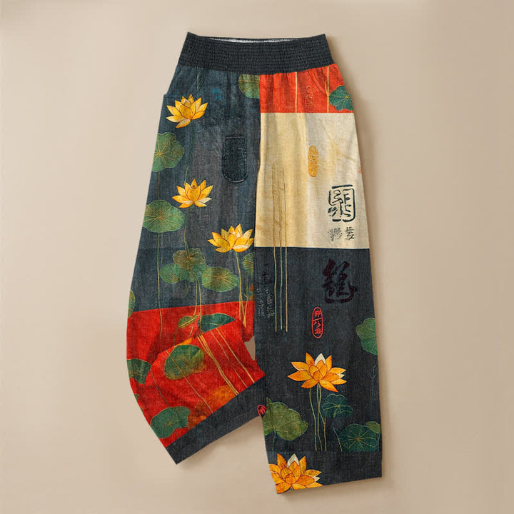 Buddha Stones Pantalones harem de algodón con estampado de caligrafía de loto amarillo oriental, cintura elástica plisada y bolsillos para mujer. - image 3