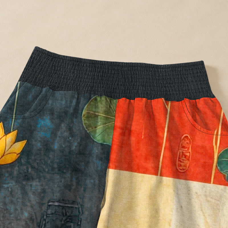 Buddha Stones Pantalones harem de algodón con estampado de caligrafía de loto amarillo oriental, cintura elástica plisada y bolsillos para mujer. - image 4