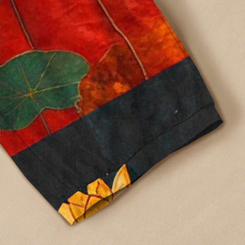 Buddha Stones Pantalones harem de algodón con estampado de caligrafía de loto amarillo oriental, cintura elástica plisada y bolsillos para mujer. - image 5