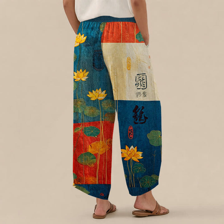Buddha Stones Pantalones harem de algodón con estampado de caligrafía de loto amarillo oriental, cintura elástica plisada y bolsillos para mujer. - image 8