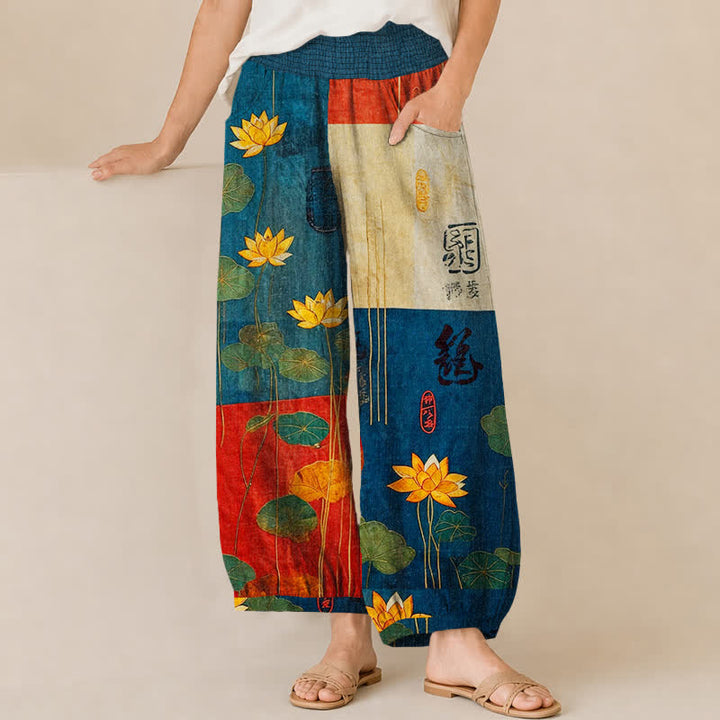 Buddha Stones Pantalones harem de algodón con estampado de caligrafía de loto amarillo oriental, cintura elástica plisada y bolsillos para mujer. - Azul acero - US16，UK/AU20，EU48 (3XL) - image 6