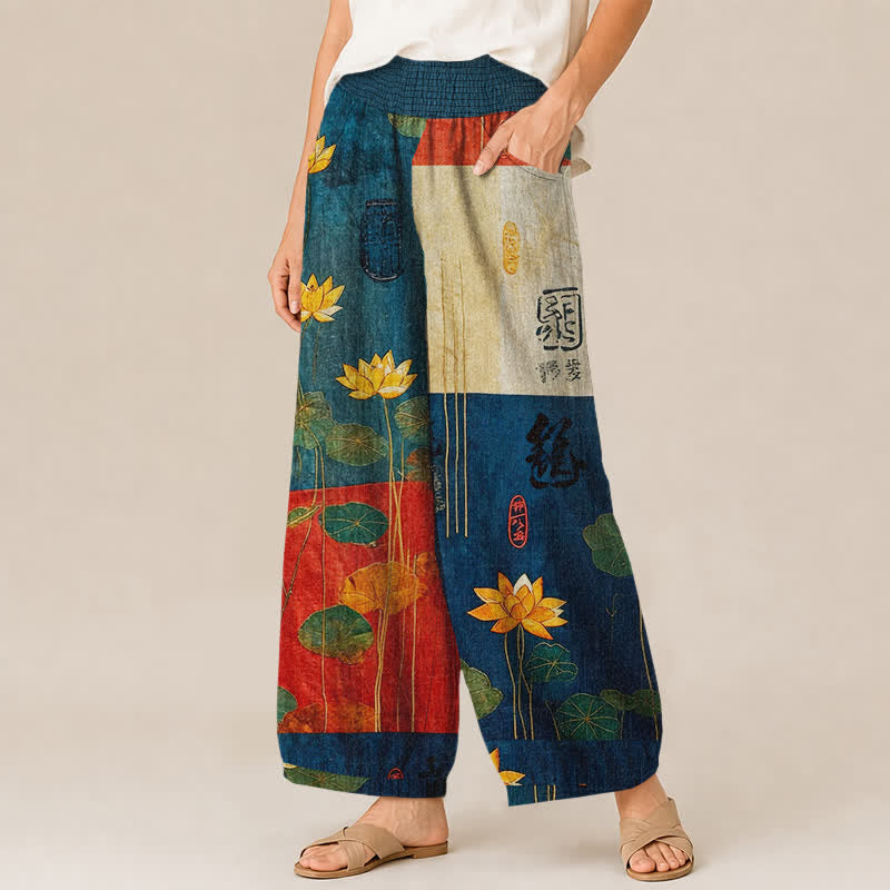Buddha Stones Pantalones harem de algodón con estampado de caligrafía de loto amarillo oriental, cintura elástica plisada y bolsillos para mujer. - image 7
