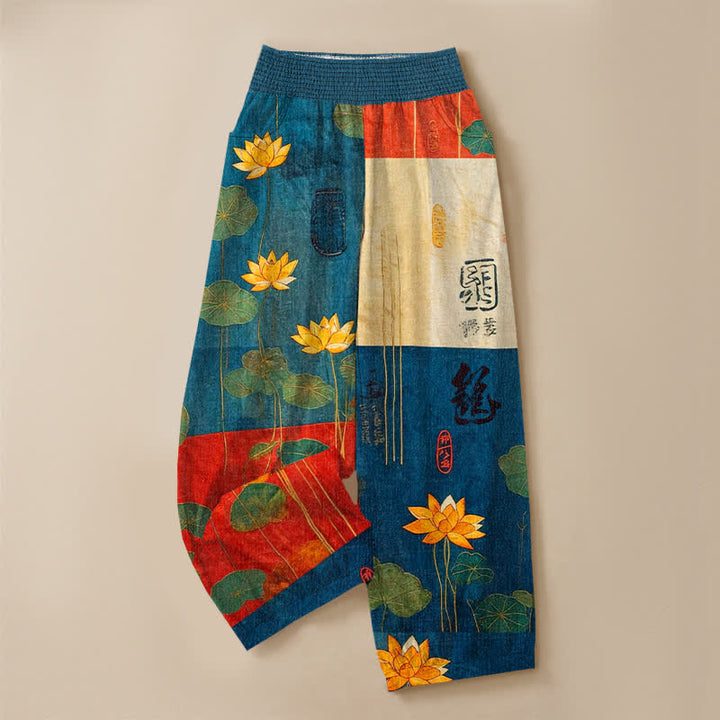 Buddha Stones Pantalones harem de algodón con estampado de caligrafía de loto amarillo oriental, cintura elástica plisada y bolsillos para mujer. - image 9