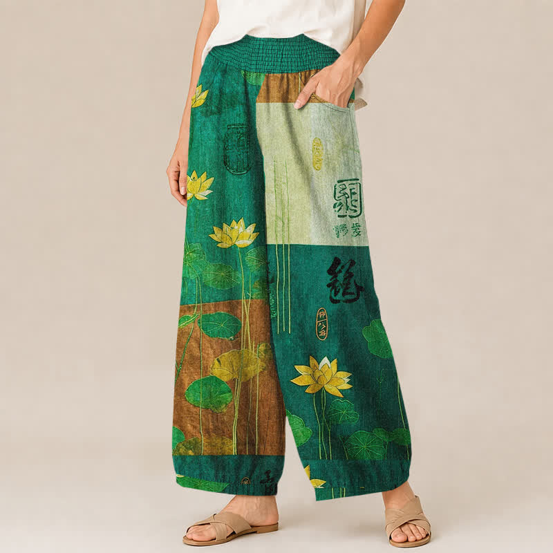 Buddha Stones Pantalones harem de algodón con estampado de caligrafía de loto amarillo oriental, cintura elástica plisada y bolsillos para mujer. - image 11