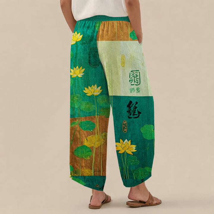 Buddha Stones Pantalones harem de algodón con estampado de caligrafía de loto amarillo oriental, cintura elástica plisada y bolsillos para mujer. - image 12