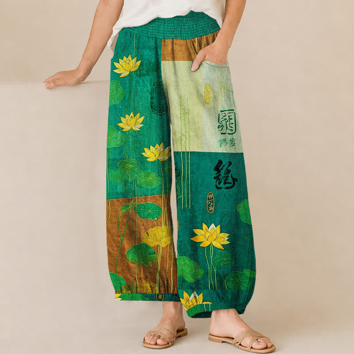 Buddha Stones Pantalones harem de algodón con estampado de caligrafía de loto amarillo oriental, cintura elástica plisada y bolsillos para mujer. - Verde mar medio - US16，UK/AU20，EU48 (3XL) - image 10