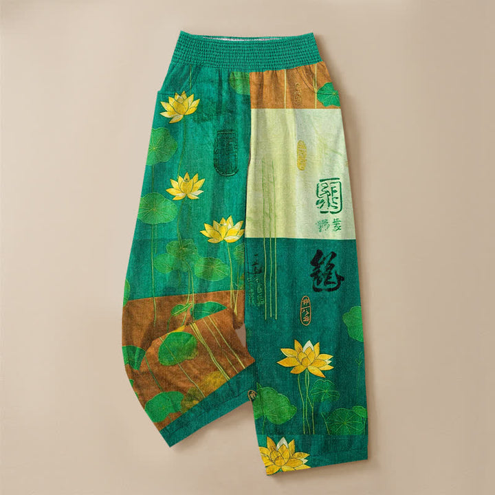 Buddha Stones Pantalones harem de algodón con estampado de caligrafía de loto amarillo oriental, cintura elástica plisada y bolsillos para mujer. - image 13