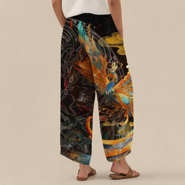 Buddha Stones Pantalones harem de algodón con estampado de plumas de fénix oriental, cintura elástica plisada y bolsillos para mujer. - image 2