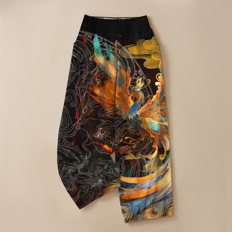 Buddha Stones Pantalones harem de algodón con estampado de plumas de fénix oriental, cintura elástica plisada y bolsillos para mujer. - image 3