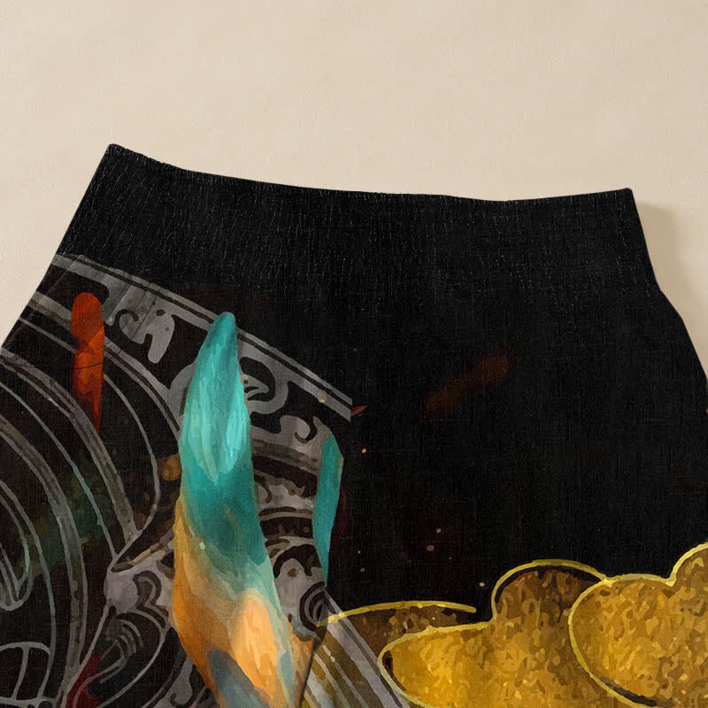Buddha Stones Pantalones harem de algodón con estampado de plumas de fénix oriental, cintura elástica plisada y bolsillos para mujer. - image 4