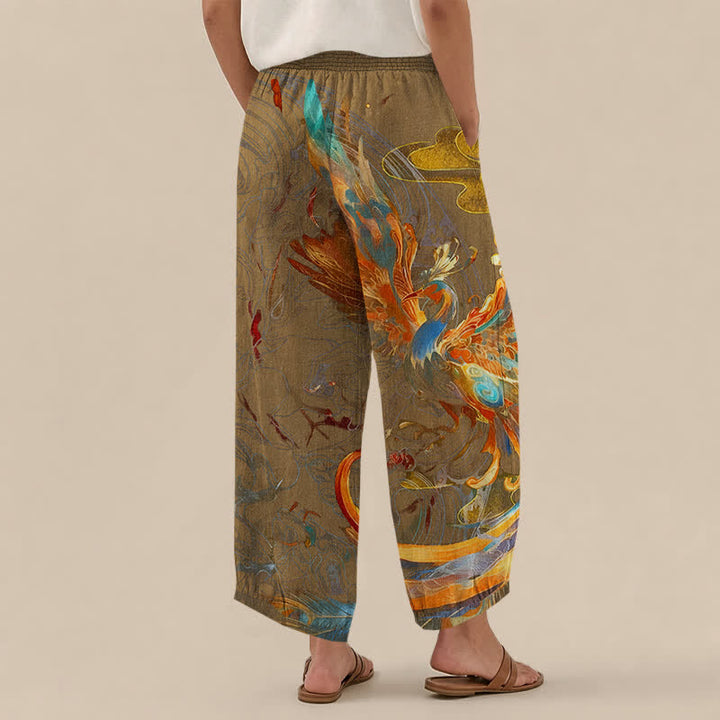 Buddha Stones Pantalones harem de algodón con estampado de plumas de fénix oriental, cintura elástica plisada y bolsillos para mujer. - image 8